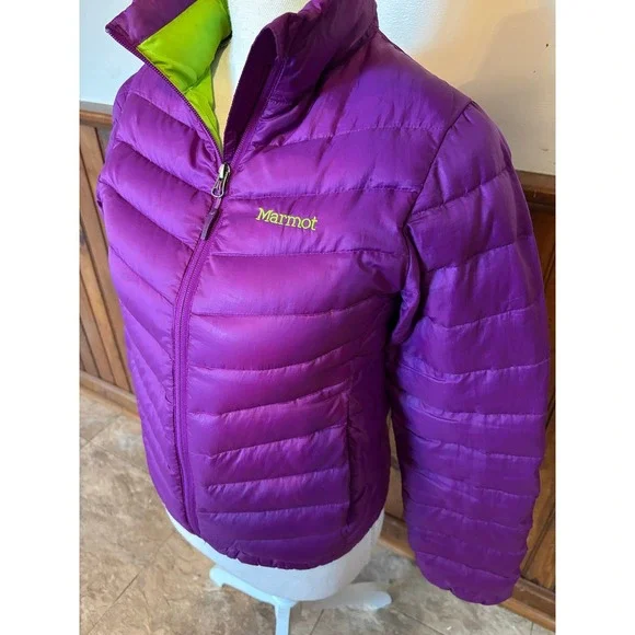Marmot Womens 700 Fill Down Jena Jacket Purple Lime Green Lightweight Size XS - Picture 2 of 14